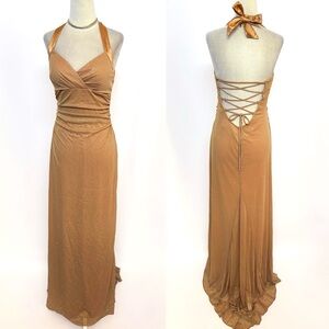 Vintage 2000’s Y2k City Triangles Gold Sparkly Lace Up Halter Dress M L Prom